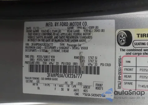 2012 Ford Fusion Sel z USA, uszkodzony, nr VIN 3FAHP0JA7CR226777